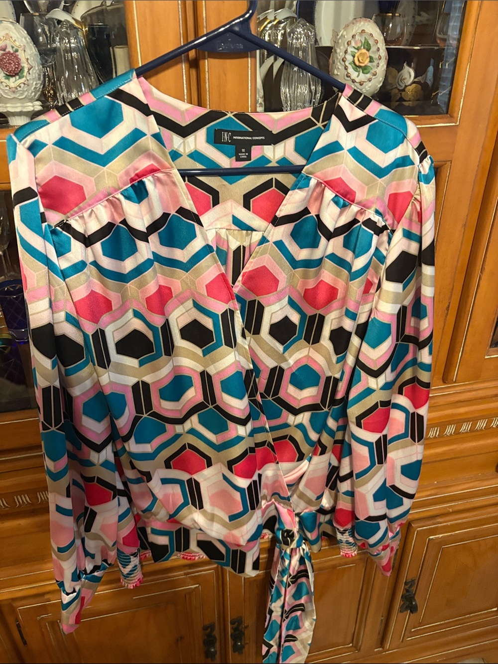 INC International Concepts Pink Teal Black Geometric Tie-Front Blouse